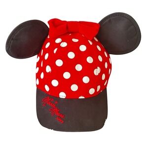 Disney Parks Minnie Mouse Polka Dot Ears Bow Snapback Hat Youth Red White Black